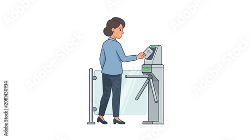 A woman scanning her ticket at a turnstile gate.