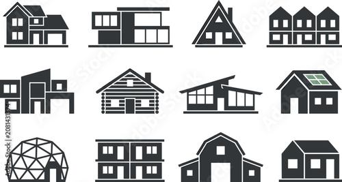 Tableau sur toile Vector black icon set of various house architectural styles featuring modern vil