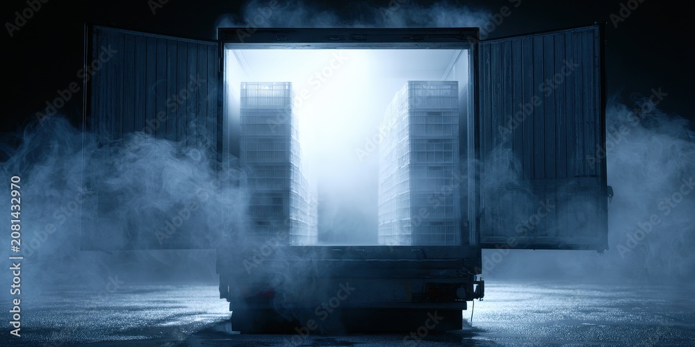Fototapeta premium Refrigerated truck trailer with open doors at night, emitting cold fog or smoke, showcasing stacks of crates inside, industrial logistics and transport concept