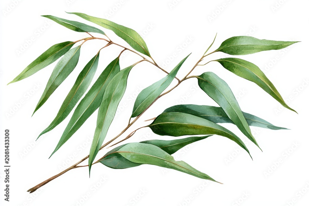 Fototapeta premium Watercolor eucalyptus branch with long green leaves isolated on white background