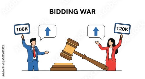 Foto Vector illustration of a business bidding war with people holding price signs, auction gavel, and upward arrows, representing competitive bidding, auctions, and negotiation