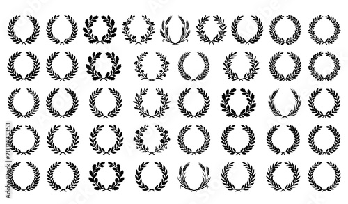 Tableau sur toile Award Laurel Wreath Black Silhouette Vector Pack With Circular Botanical Frames