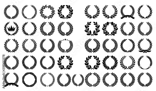 Tableau sur toile Circular Laurel Wreath Silhouette Vector Set With Award Wheat And Oak Foliate Ic