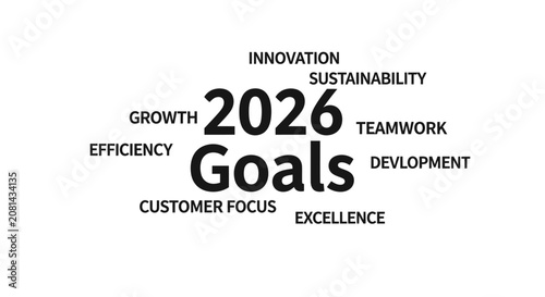 Tableau sur toile Text cloud graphic titled 2026 Goals surrounded by corporate keywords including innovation, sustainability, teamwork, efficiency, growth, and excellence for professional business planning