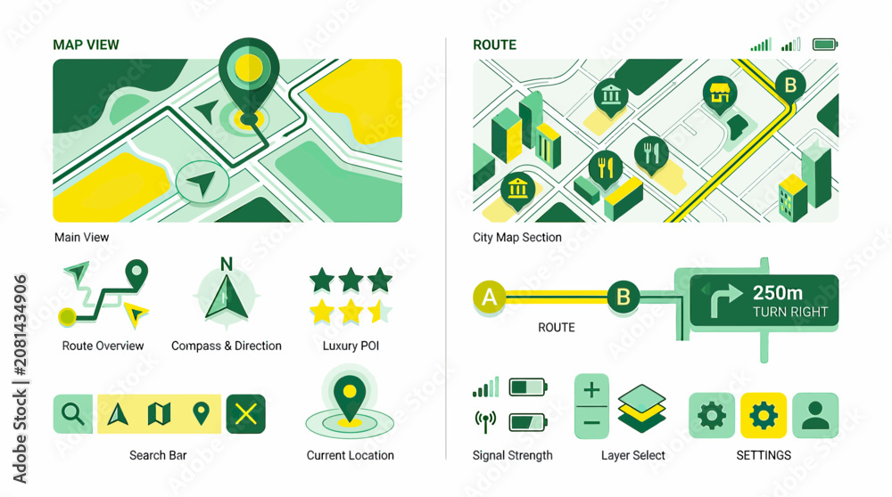 Fototapeta premium Green and yellow map icons set.