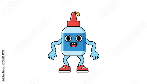 Cute cartoon liquid glue bottle character with a friendly face, blue body, orange cap, and red sneakers.