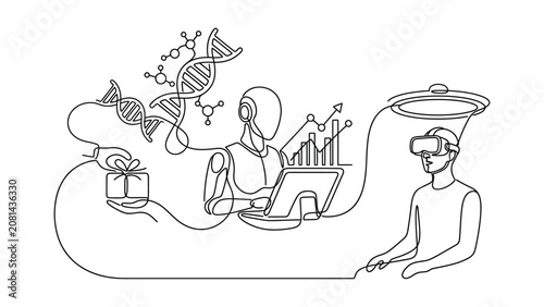 Continuous one line drawing of a robot interacting with a human in virtual reality