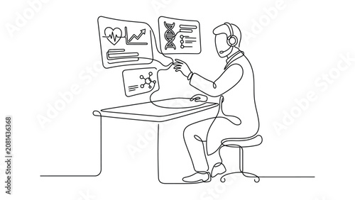 Continuous one line drawing of a doctor analyzing medical data on digital screens