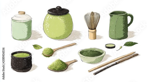 58.Hand drawn matcha tea kit illustration, preparation tools and ingredients arranged neatly, minimal flat vector style, organic aesthetic, isolated on white background