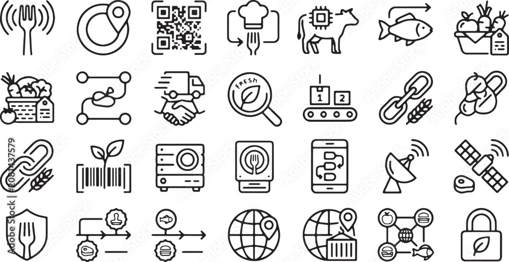 Fototapeta premium Food Traceability, Supply Chain Logistics, and Sustainable Agriculture Line Icon Set