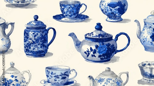 105.Decorative seamless vector pattern of chinoiserie tableware, classic ceramic teapots and cups, floral ornaments, sophisticated blue color scheme, vintage hand illustrated style