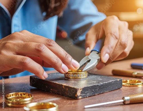 Woman working on gold jewelry pieces.