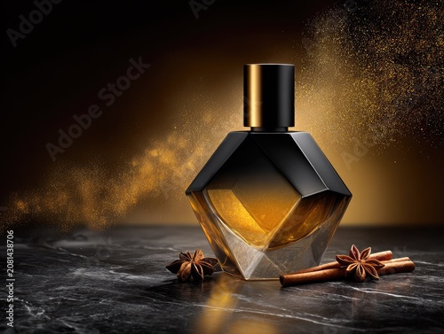 Diamond shaped perfume bottle illuminated by a warm dramatic light source. luxury fragrance, crystal glass, elegant style.