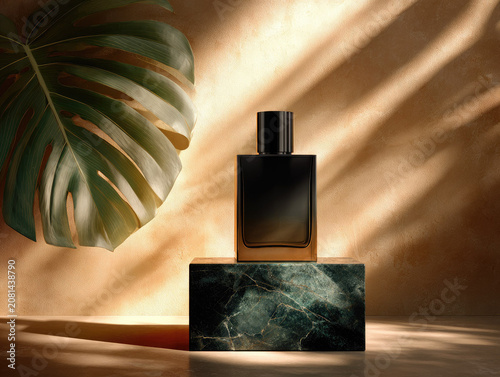 Perfume bottle on a dark green marble stand under a sunbeam. premium fragrance, luxury cosmetics, dramatic lighting.