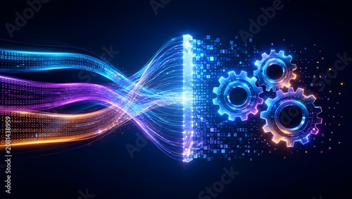 Futuristic data stream flowing into glowing neon gears representing digital transformation, data processing, and automated algorithms in software development.