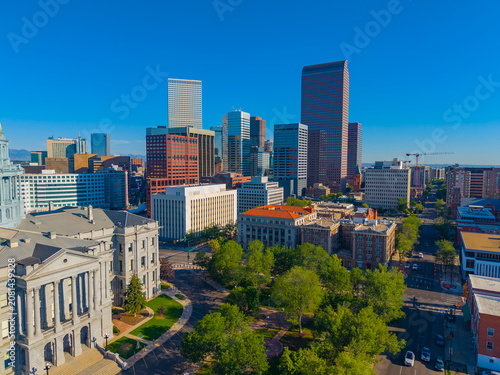Denver modern city skyline aerial view from Capitol Hill district facing east, including Wells Fargo Center (Cash Register Building) in downtown Denver, Colorado CO, USA. 