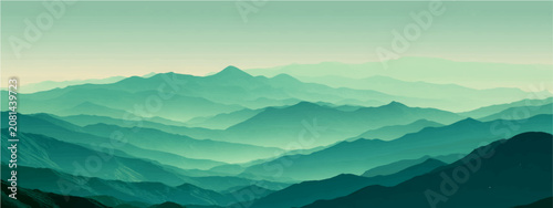 фотографія Misty emerald mountain range layering, atmospheric haze creates ethereal, serene landscape, evoking tranquility and solitude
