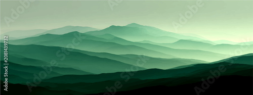 Obraz na plátně Misty mountain range shrouded ethereal jade hues, creating serene atmospheric landscape painting, evoking tranquility profound contemplation