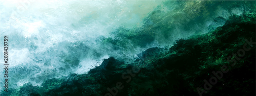 Tableau sur toile Crashing waves meet dramatic rocky coastline, dynamic interplay light dark, power untamed sea, visceral, turbulent, tempestuous