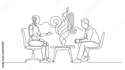 Continuous line drawing of a human talking to an artificial intelligence robot