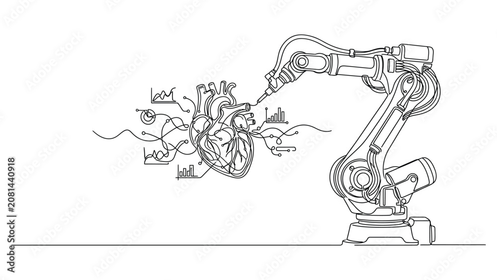 Fototapeta premium Continuous line drawing of robotic arm operating on human heart