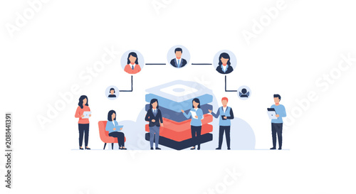 Business Team Collaborating on Data Server and Network Infrastructure Illustration.