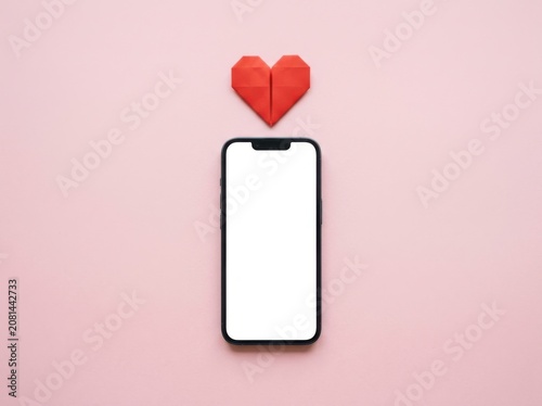 Smartphone with blank screen and red origami heart on pink background