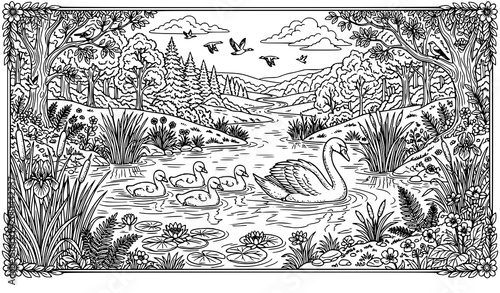Konstfotografi Detailed Pond Life Coloring Page Featuring Swan and Duck Family Swimming in Wate