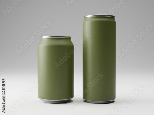 Two olive green aluminum beverage cans of different sizes standing side by side