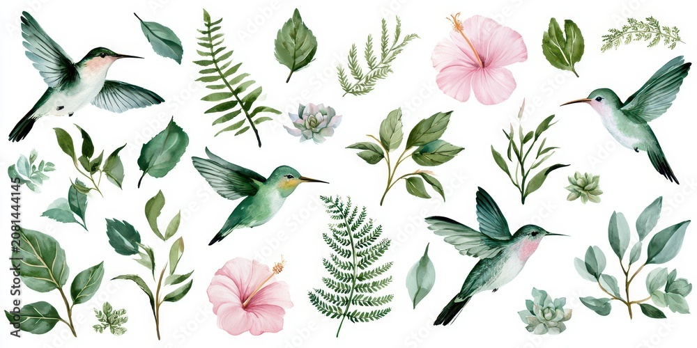 Fototapeta premium Watercolor collection of hummingbirds, tropical leaves, flowers, and succulents isolated on white background
