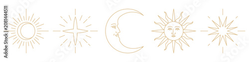 Fotografía Vector of celestial symbols: crescent moon, stars, and sun with a face in line art