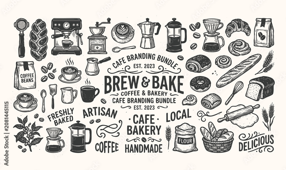 Fototapeta premium Coffee and bakery linocut doodle elements background