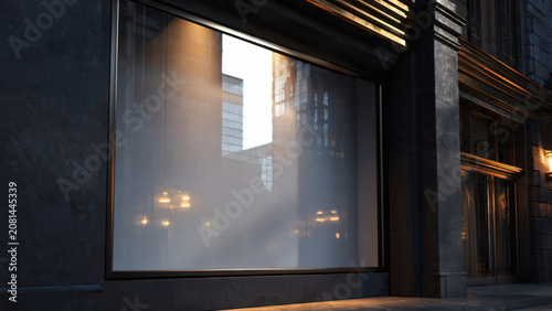 Empty storefront window reflecting urban cityscape in soft evening light
