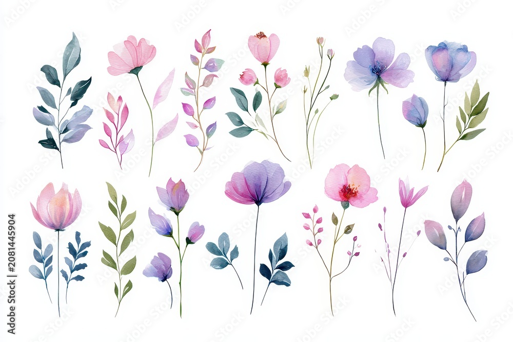 Naklejka premium Watercolor floral set with pink and purple flowers and green leaves, isolated on white background
