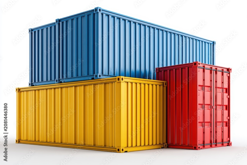 Fototapeta premium Stack of three colorful shipping containers isolated on white background