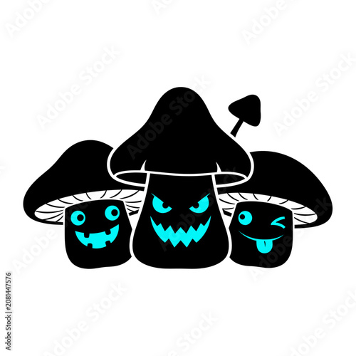 Three stylized mushroom faces