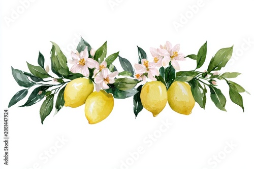 Watercolor lemon branch border with flowers and leaves, botanical illustration isolated on white background