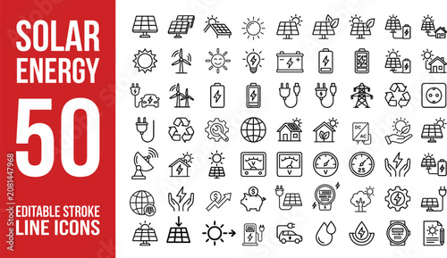 Cuadro en lienzo Set of fifty solar energy and green power icons for renewable electricity and sustainable solutions