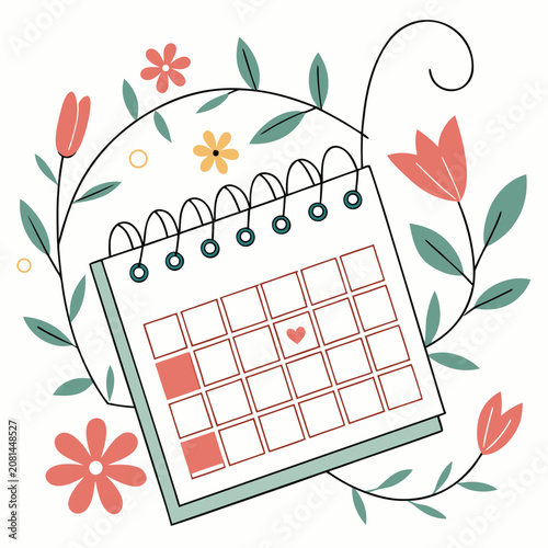 Monthly calendar with heart icon surrounded by floral garland calendar schedule planning deadline romantic reminder illustration organizer
