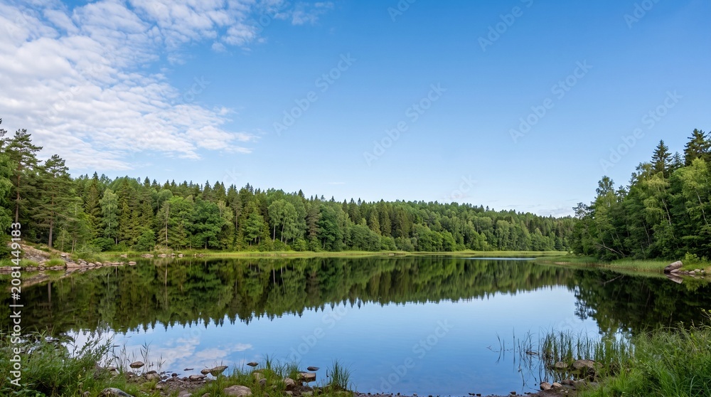 Obraz premium Scenic view of a tranquil lake surrounded by a dense green forest under a clear blue sky with soft white clouds on a sunny summer day