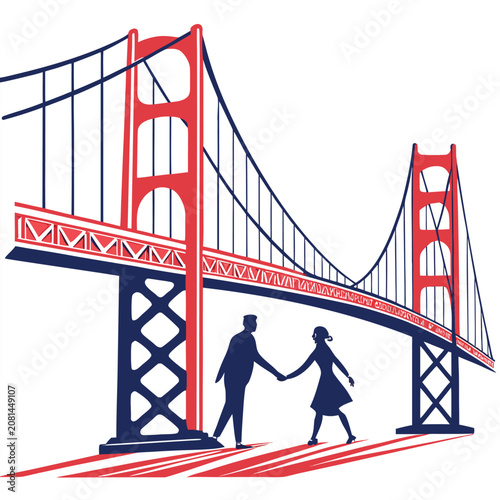 Minimalist silhouette illustration of a couple holding hands beneath the iconic golden gate bridge structure with silhouette architecture sanfrancisco