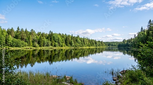 Calm lake reflecting green forest trees under a clear blue sky in a peaceful wilderness landscape during summer season