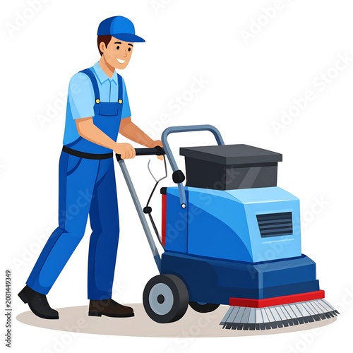 A man in blue overalls and a cap pushing a large blue floor cleaning machine