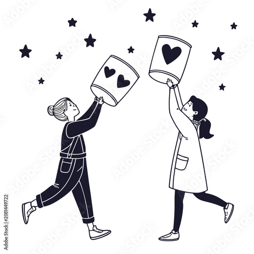 Two young women holding up glowing lanterns with heart symbols under a starry night sky, stylized black and white vector line illustration, lanterns