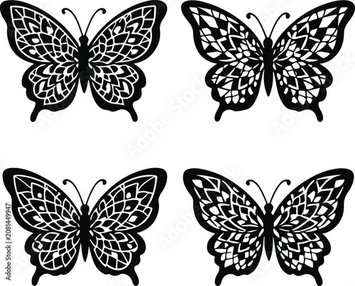 Set of ornate butterfly silhouettes with intricate geometric wing patterns isolated on white background vector illustration