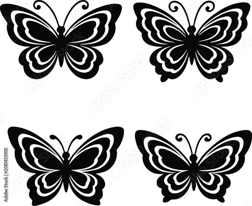 Set of black butterfly silhouettes isolated on white background, vector design elements for stencil, tattoo, and crafts
