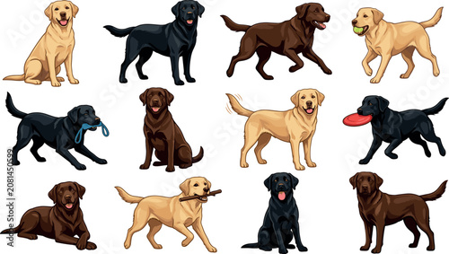 Labrador Retriever Dog Vector Character Set Featuring Yellow Black and Chocolate Lab Breeds in Dynamic Playing Sitting Running and Fetching Poses for Pet BrandingLabrador Retriever Dog Vector Characte
