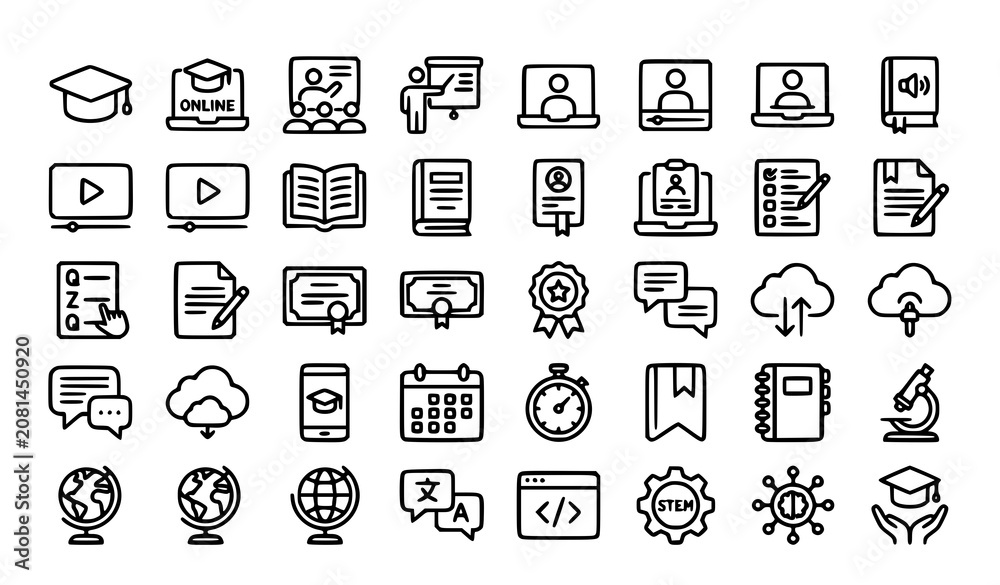 Fototapeta premium Premium Online Learning Vector Line Icon Pack with Distance Education Course and Study Outline Symbols