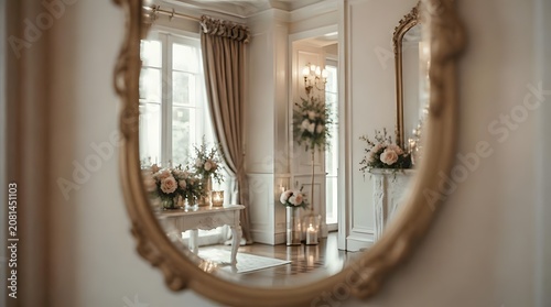 Ornate gold framed mirror reflecting a luxurious classic interior room.