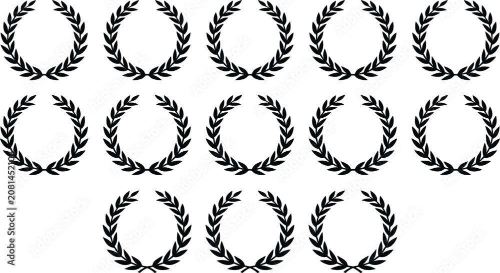 Fototapeta premium Classic laurel wreath collection victory award champion achievement prize honor glory foliage olive branch black icons set vector